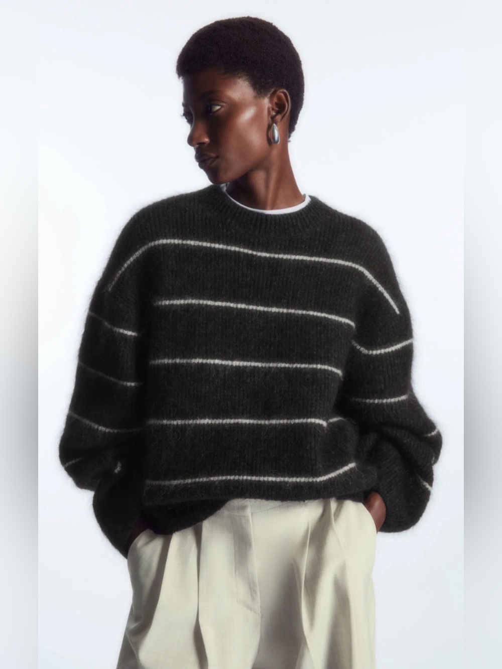 COS Grey Striped Textured Wool Mohair-Blend Oversized Jumper Sweater size XS